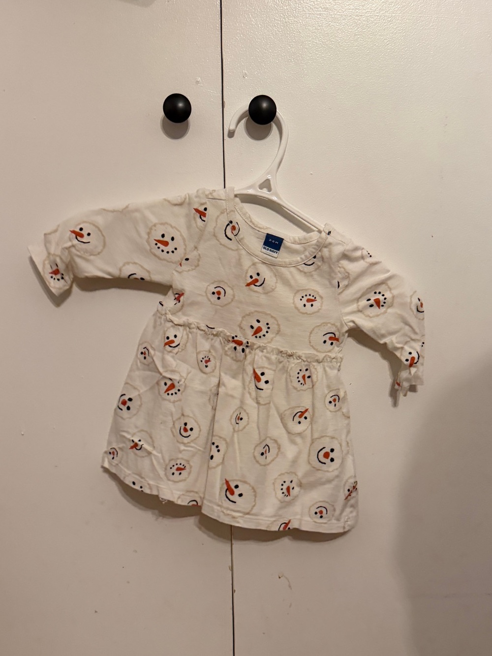 Old Navy Cream Snowman Print Long-Sleeve Dress